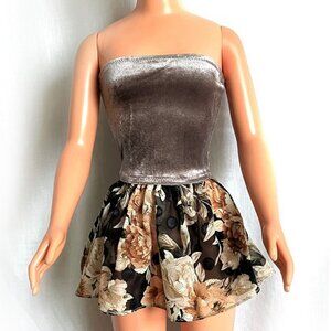 Gray velvet top, brown-black floral print mini skirt for My Size Barbie Doll 36"
